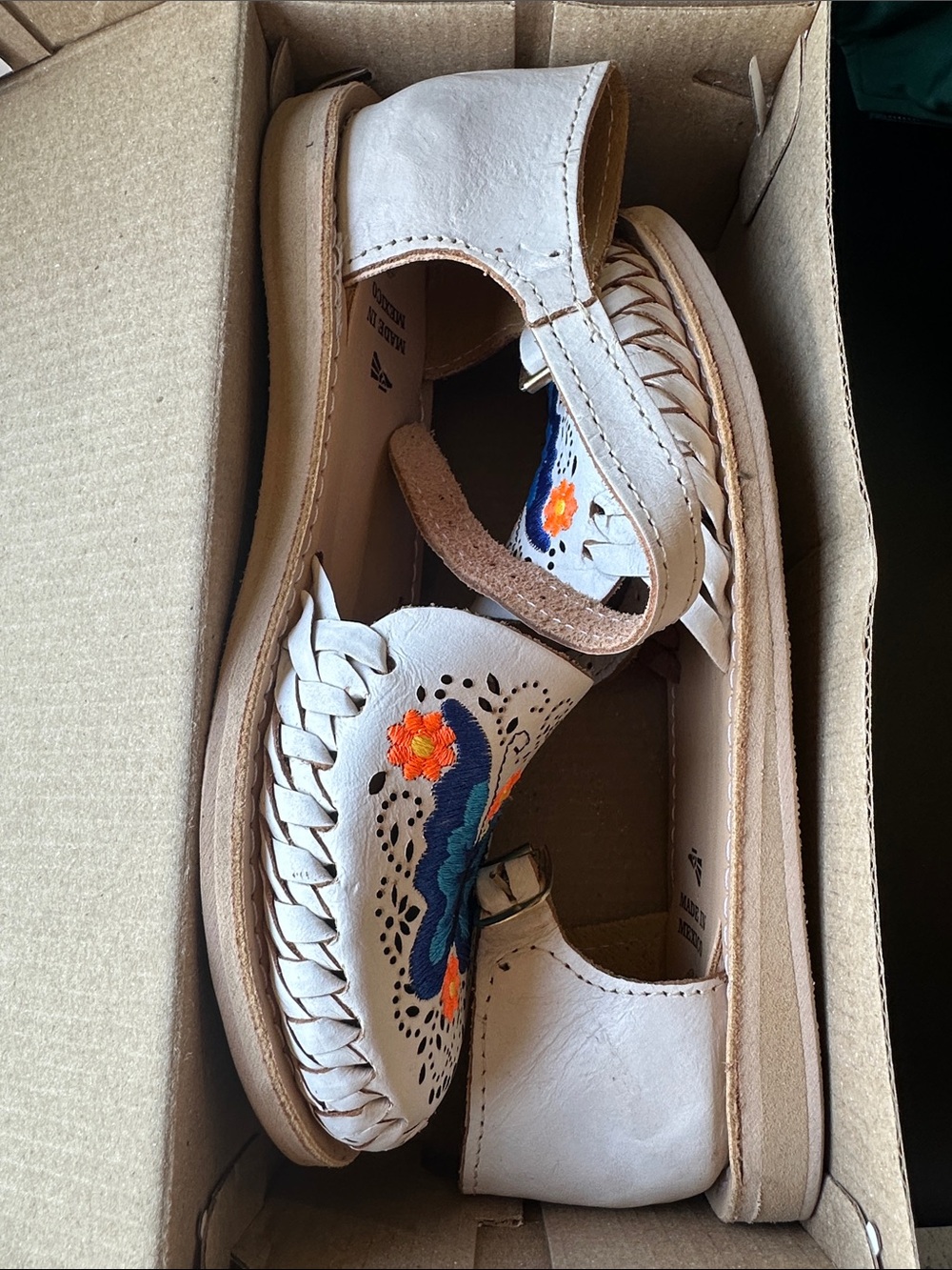 White Leather Huarache Flats with Blue & Orange Floral Embroidery
